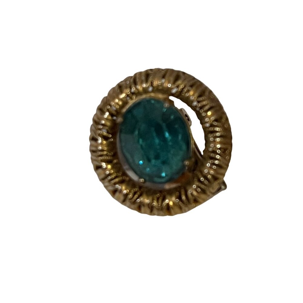 Vintage Filigree Gold Tone Clip-On Earrings With Teal Blue Rhinestone - Picture 4 of 8